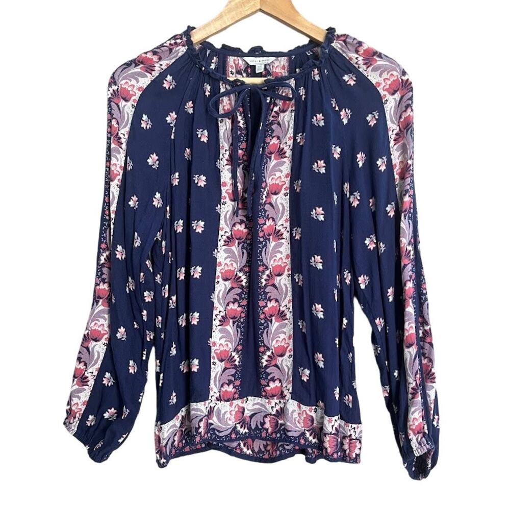Lucky Brand Border Print‎ Top Navy Pattern Blouse Size Small